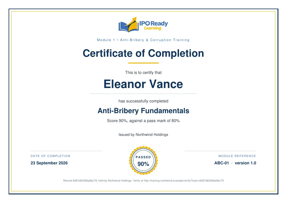 A certificate of completion for Anti-Bribery Fundamentals, showing the learner's name, score against the pass mark, completion date, module reference and a record fingerprint with a verification link.