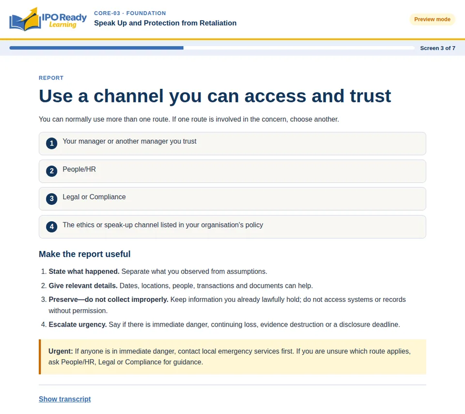 A course screen titled 'Use a channel you can access and trust', listing four reporting routes, with a progress bar, an urgent-action callout and a Show transcript link.